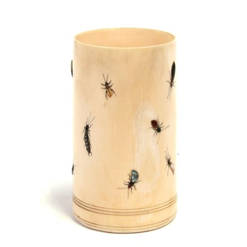 316 - An ivory brush pot bitong with shibayama insect decoration. 14cm (5.5 ins) high