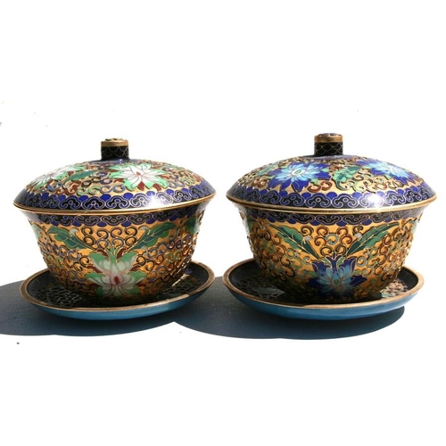 318 - A pair of Chinese gilt metal and enamel bowls, cover and stands, 13cm (5ins) diameter.