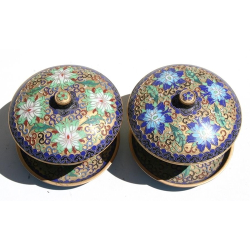 318 - A pair of Chinese gilt metal and enamel bowls, cover and stands, 13cm (5ins) diameter.