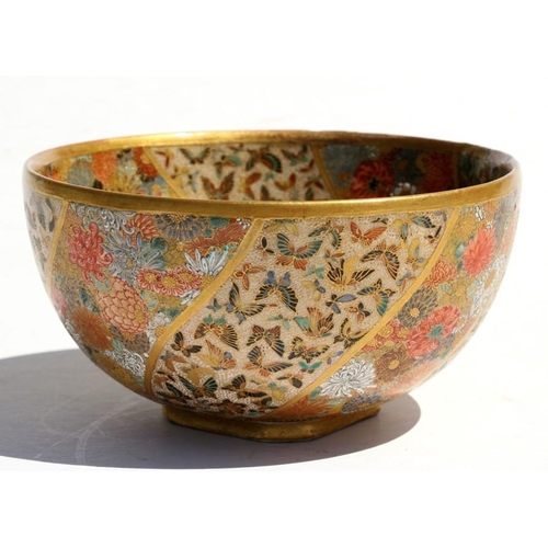 319 - A 19th century Japanese Satsuma bowl decorated with flowers and butterflies, gilt seal mark to the u... 