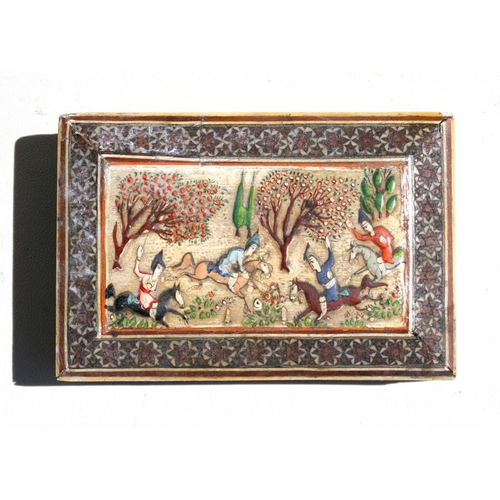 321 - An Indian box, the top decorated with  a hunting scene within a sadeli micro mosaic border, 13cm (5i... 