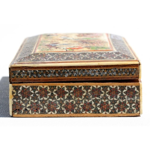 321 - An Indian box, the top decorated with  a hunting scene within a sadeli micro mosaic border, 13cm (5i... 