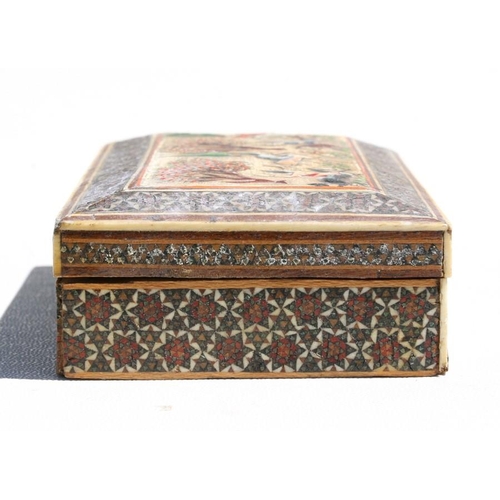 321 - An Indian box, the top decorated with  a hunting scene within a sadeli micro mosaic border, 13cm (5i... 