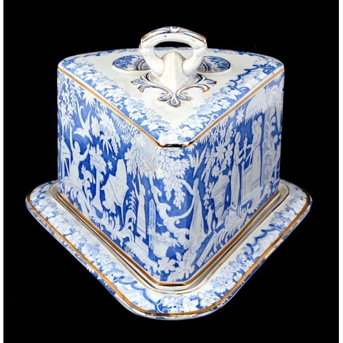 54 - A large Victorian transfer printed blue & white Stilton dish and cover, 28cms (11ins) wide overa... 