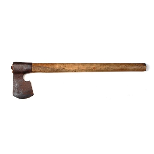 235 - An antique iron axe on a wooden shaft. The axe head is 16cms (6.25ins) by 9cms (3.5ins)