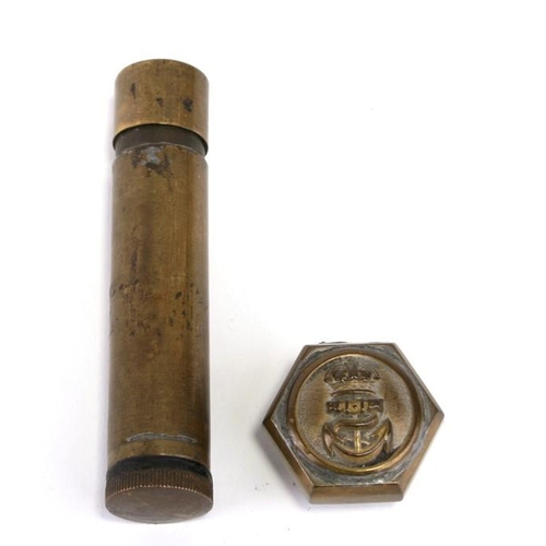 238 - A WW1 trench art petrol lighter made from a .303 Enfield brass oil bottle together with a Royal Navy... 