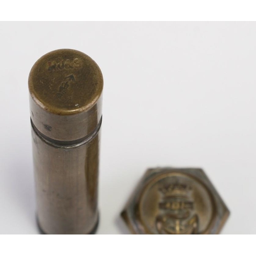 238 - A WW1 trench art petrol lighter made from a .303 Enfield brass oil bottle together with a Royal Navy... 