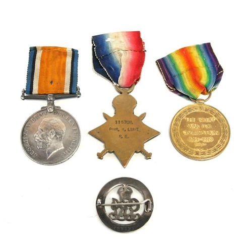 254 - A WW1 medal trio named to 115708 Pioneer W. Lunt of the Royal Engineers with his Silver War Badge nu... 