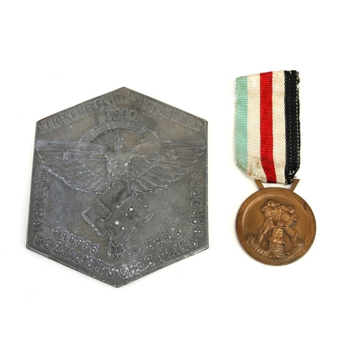 262 - A German / Italian Africa campaign medal with original ribbon together with a 1939 NSFK National Soc... 