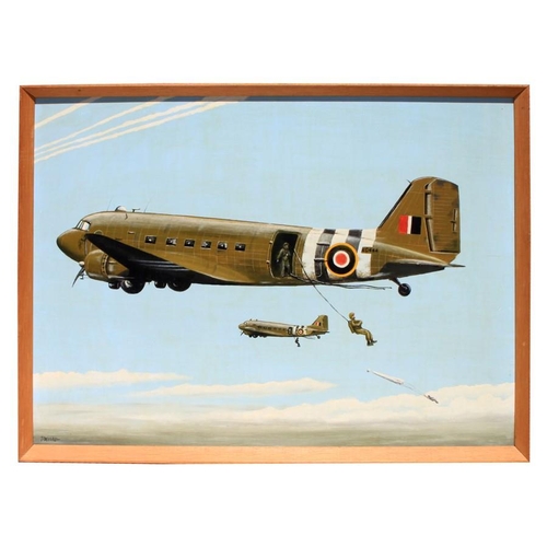 307 - Payne (modern British) - Paratroopers Exiting an Aeroplane - oil on board, framed, 56 by 41cm (21.5 ... 