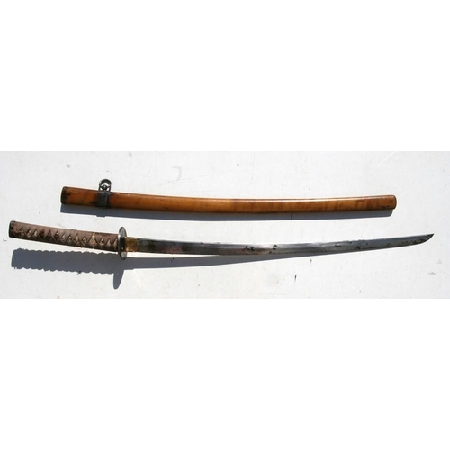 309 - A Japanese WWII kutana with plain cast tsuba, housed in a wooden scabbard, 99cm (39ins) long.