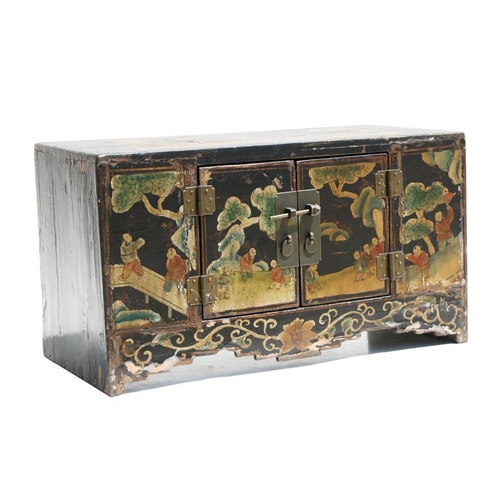 329 - A Chinese lacquered cabinet, decorated figures and landscape and foliate scrolls, 60cm (23.75ins) wi... 