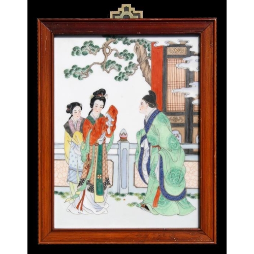 330 - A Chinese porcelain panel decorated figures on a terrace, 21.5cm by 29cm (8.25ins by 11.5ins)