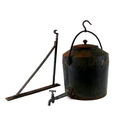 6 - A 19th century 8 gallon Kendrick cast iron Hearth Kettle with brass spigot together with its wrought... 