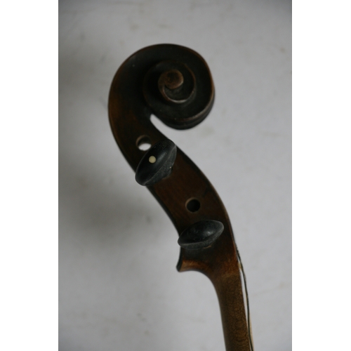 113 - A two-piece backed violin and bow, 60cm (23.5ins) long.