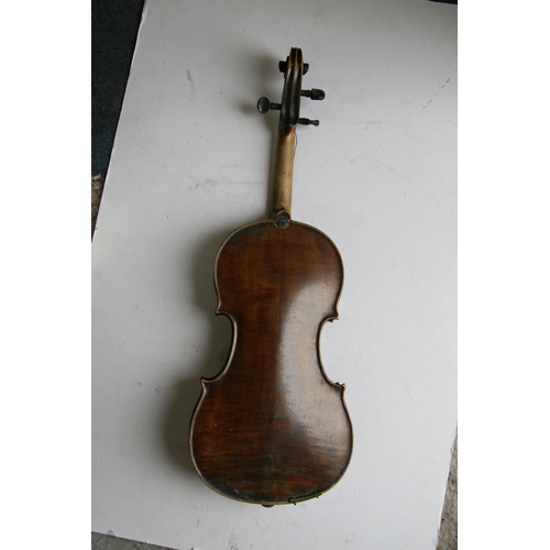 113 - A two-piece backed violin and bow, 60cm (23.5ins) long.