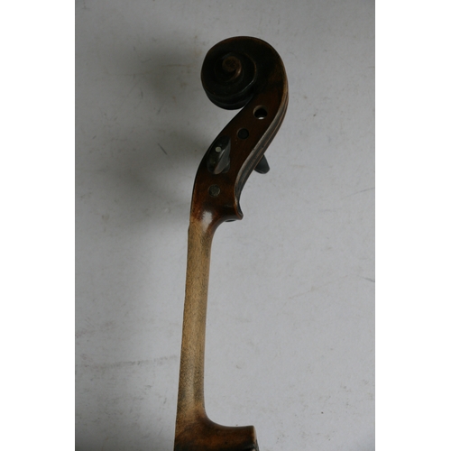 113 - A two-piece backed violin and bow, 60cm (23.5ins) long.