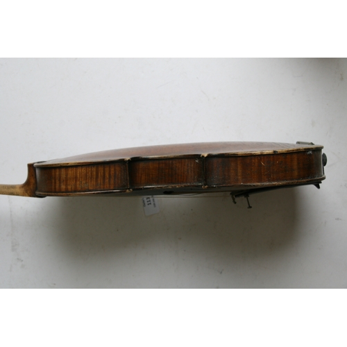 113 - A two-piece backed violin and bow, 60cm (23.5ins) long.