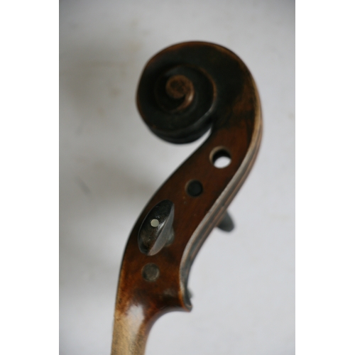 113 - A two-piece backed violin and bow, 60cm (23.5ins) long.