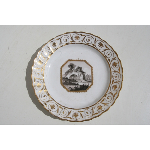 59 - A pair of Crown Derby porcelain plates, each with landscape panels within a gilded border, 23cms (9i... 