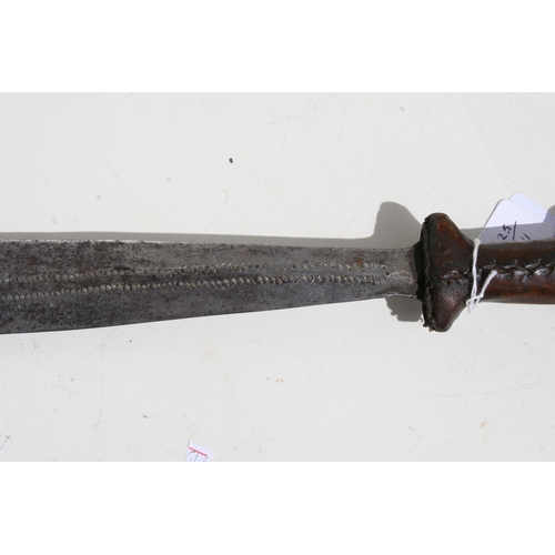 233 - A Congolese Yaka long knife having a shaped leather hilt with wire cage to the centre and a flat iro... 