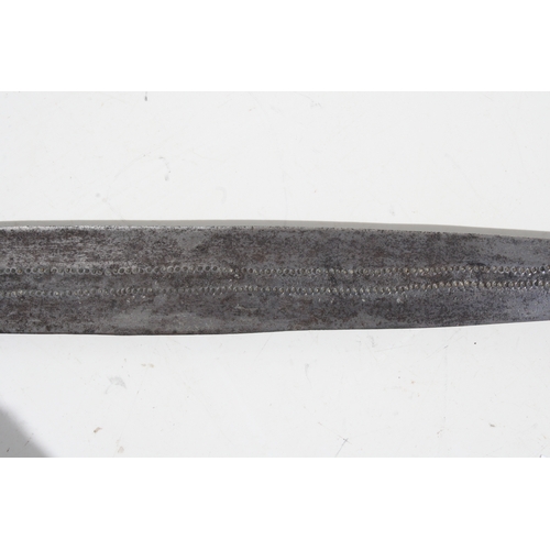 233 - A Congolese Yaka long knife having a shaped leather hilt with wire cage to the centre and a flat iro... 