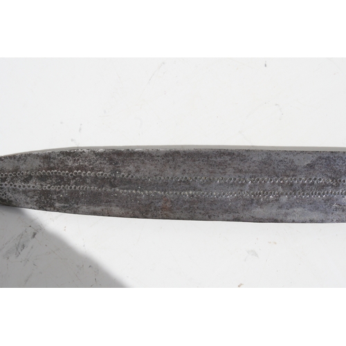 233 - A Congolese Yaka long knife having a shaped leather hilt with wire cage to the centre and a flat iro... 