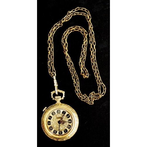 1012 - A 9ct gold peridot and seed pearl pendant; together with a 9ct gold chain; an open faced fob watch a... 