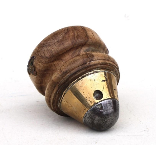 1059 - A WW1 trench art fuse mounted on a turned hardwood base paperweight with applied gilt and enamel Roy... 