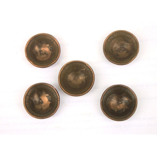 1066 - A set of five WW1 trench art Tommy helmets made from British pennies, one for each year of the Great... 