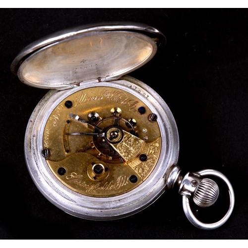 107 - A large engraved coin silver full hunter pocket watch, the movement by Illinois Watch Co.. 5.5cm ( 2... 