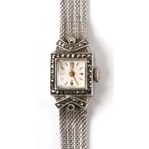 109 - A Knoll & Pregizer German Art Deco silver and marcasite ladies wrist watch, the strap stamped wi... 