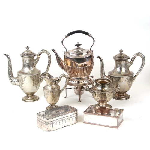 136 - A Walker & Hall silver plated spirit kettle on stand; together with a four-piece silver plated t... 