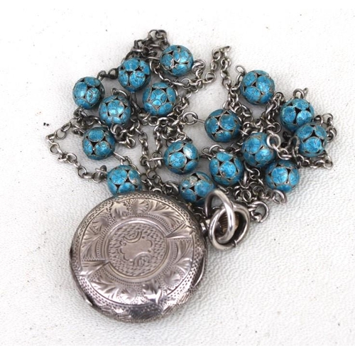 157 - A silver longguard with blue enamel pierced beads; together with a silver case open faced fob watch ... 