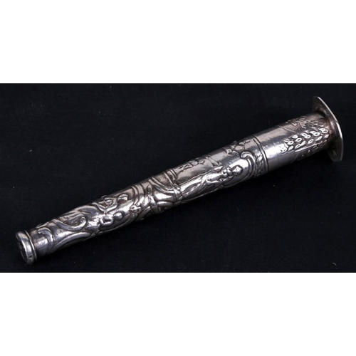 195 - An ornate continental silver seal top needle case decorated classical figures. 10cm (4 ins) high