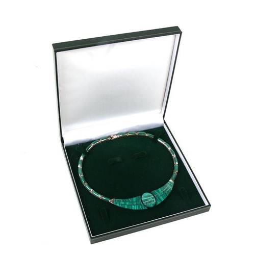 243 - A modern design silver and malachite necklace, boxed.