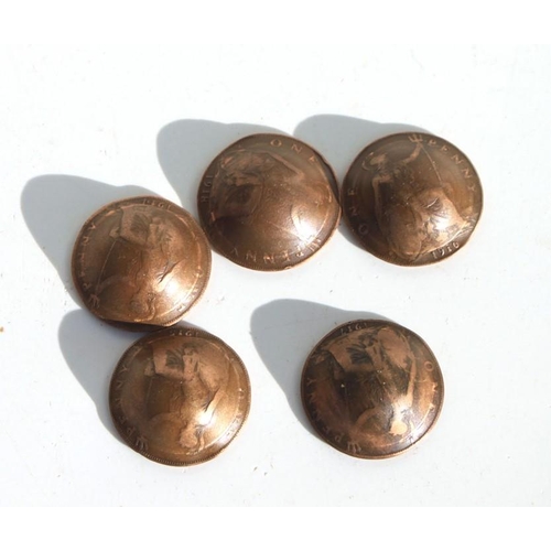 312 - A set of five Tommy helmets made from British pennies, one for each year of the Great War from 1914 ... 