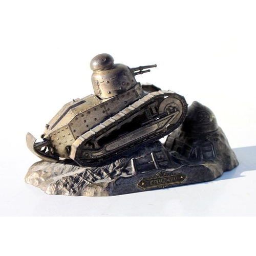 315 - A WW1 French Renault Tank traversing a trench with revolving turret, ink well and pen rest. The helm... 