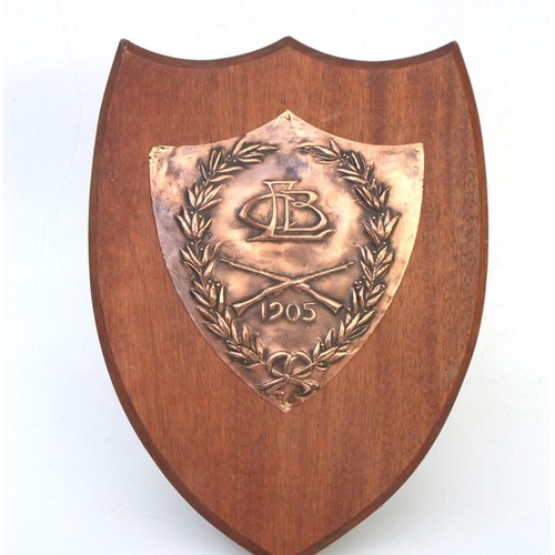 330 - An early 20th century 1905 CLB (Church Lads Brigade) embossed copper Rifle Shooting shield mounted o... 