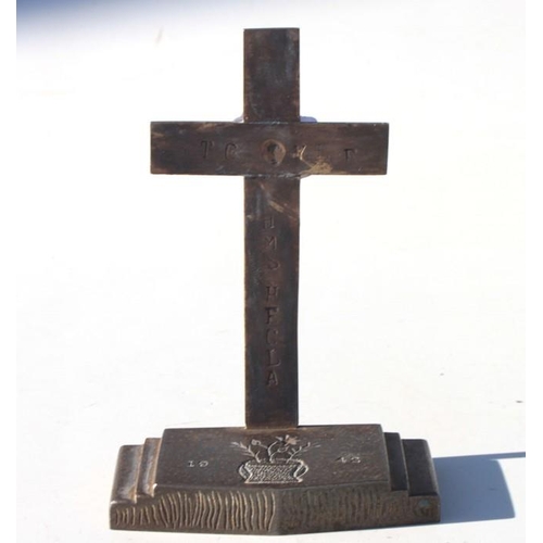 332 - A 1942 trench art brass Crucifix inscribed to TG Pyle of HMS Hecla together with his Atlantic Star M... 