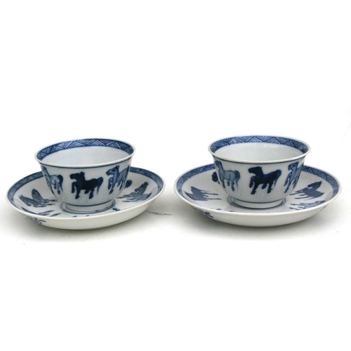 373 - Two Chinese blue & white tea bowls and saucers decorated with the Horses of Mu.