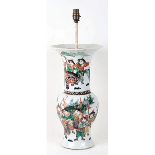 409 - An 18th century famille vert vase of flared form decorated with warriors, converted to a lamp, 44cm ... 