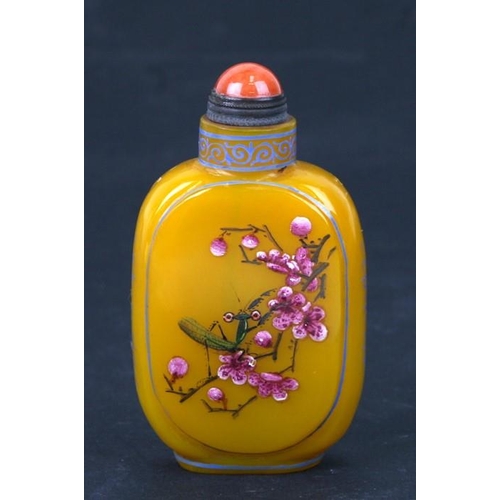 412 - A Chinese Peking glass snuff bottle decorated with insects and flowers, four character mark to the u... 