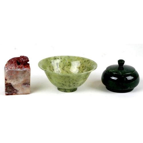 418 - A Chinese jade / hardstone bowl, 10cms (4ins) diameter; together with a New Zealand jade pot and cov... 