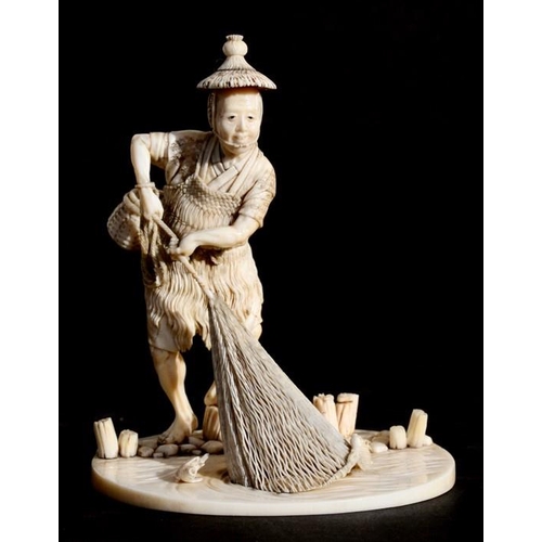 426 - A 19th century Japanese carved ivory okimono in the form of a fisherman with his net and creel on hi... 