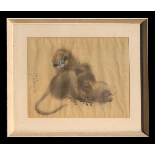 465 - A late 19th century Chinese painting on silk depicting a pair of monkeys grooming, and calligraphy, ... 