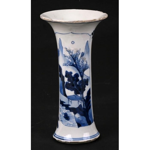 520 - A Chinese blue & white Kangxi sleeve vase with flared upper rim, decorated with a landscape scene an... 