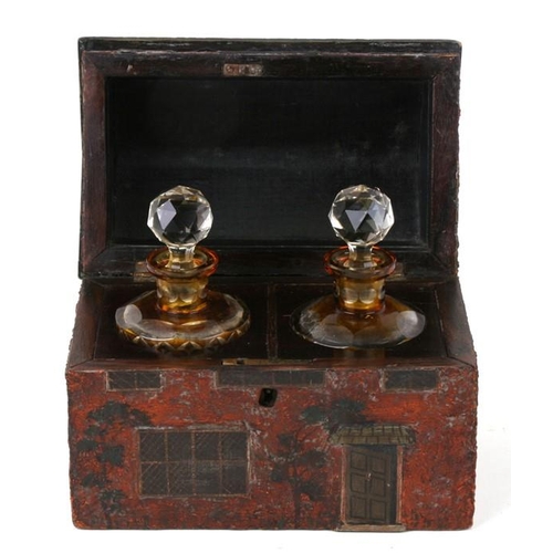 577 - A folk art style perfume caddy in the form of a cottage, interior fitted with a pair of flashed cut ... 