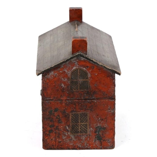 577 - A folk art style perfume caddy in the form of a cottage, interior fitted with a pair of flashed cut ... 