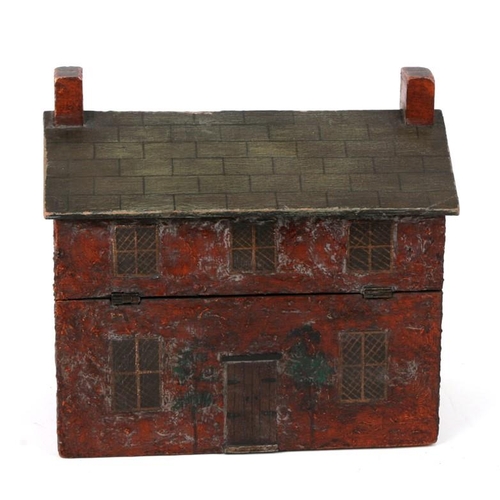 577 - A folk art style perfume caddy in the form of a cottage, interior fitted with a pair of flashed cut ... 